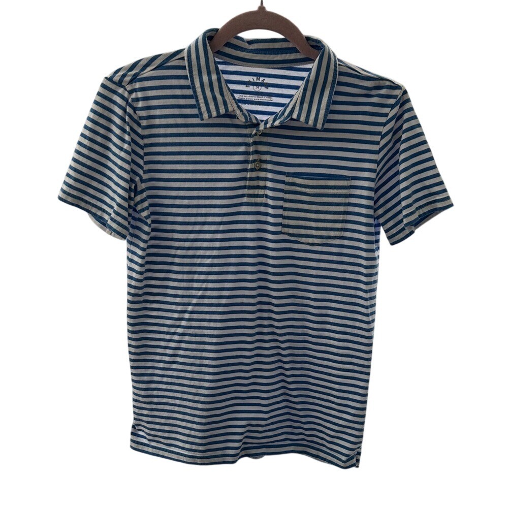 Primary Kids Striped Short Sleeve Polo Shirt Size 14‎ Blue White Casual Top